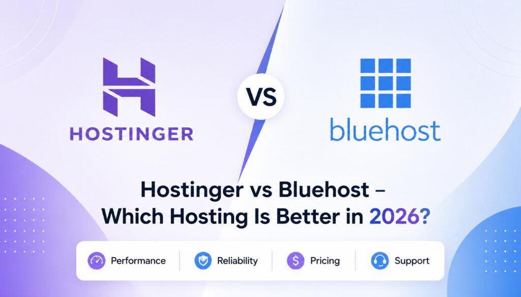 Web hosting comparison between Hostinger and Bluehost with modern server and performance concept.