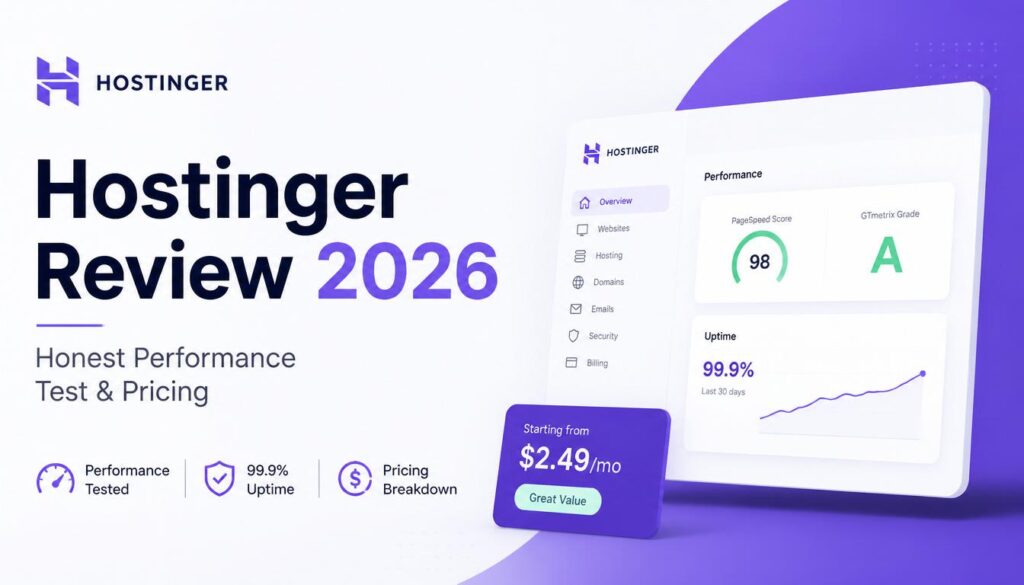 Modern hosting review concept showing website speed test and hosting performance analytics.