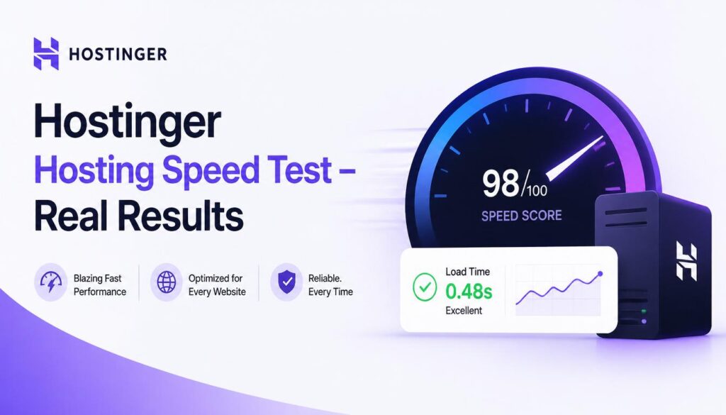 Hostinger hosting speed test showing fast website loading time and performance metrics.