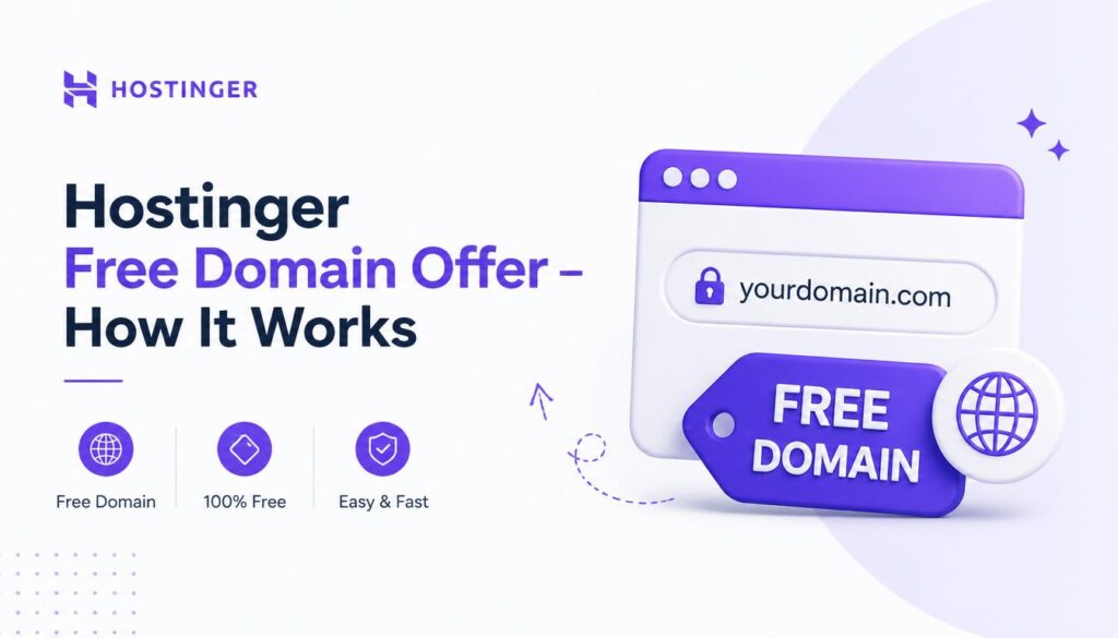 Hostinger free domain offer with eligible hosting plans explained.