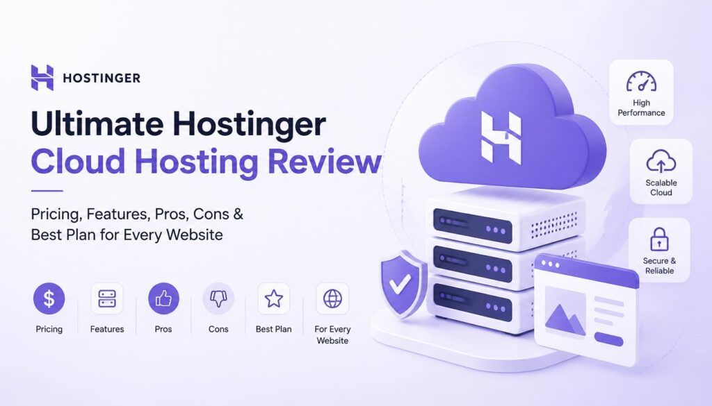 Hostinger Cloud Hosting dashboard showing cloud hosting plans, pricing, features, and website performance.