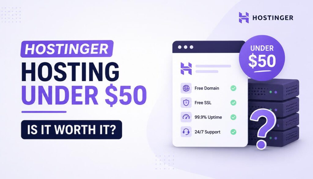 Hostinger budget hosting dashboard showing low-cost plan under $50 with website setup interface