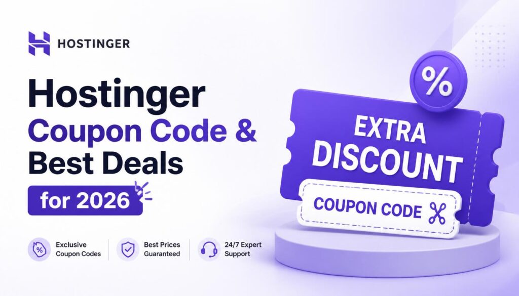 Hostinger hosting coupon codes and discount offers displayed with promotional deals for affordable web hosting plans.