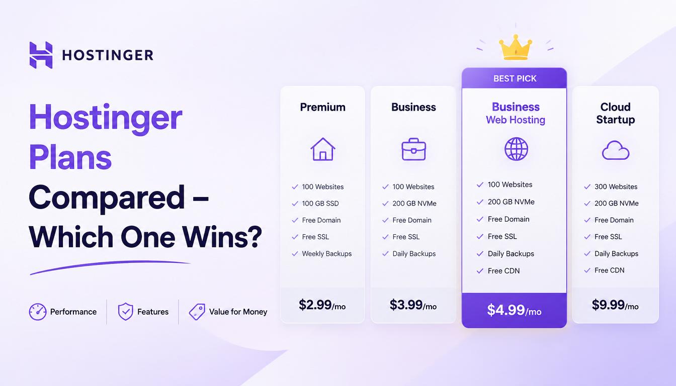 Comparison of Hostinger hosting plans including shared, business, and cloud hosting options