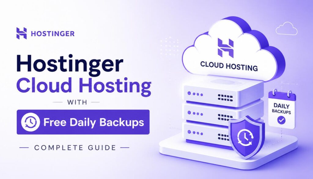 Hostinger cloud hosting dashboard showing free daily backup features and website security options.