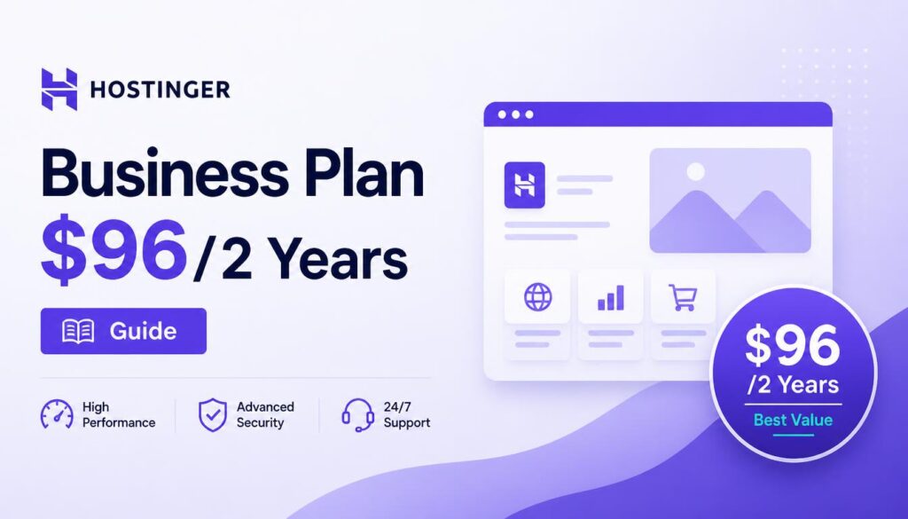 Hostinger Business hosting $96 for 2 years plan with pricing details and hosting benefits overview