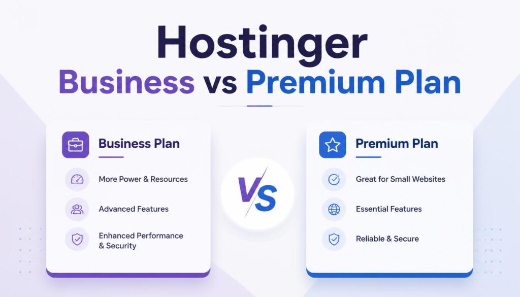 Hostinger Business vs Premium Plan side-by-side comparison graphics showing feature highlights.